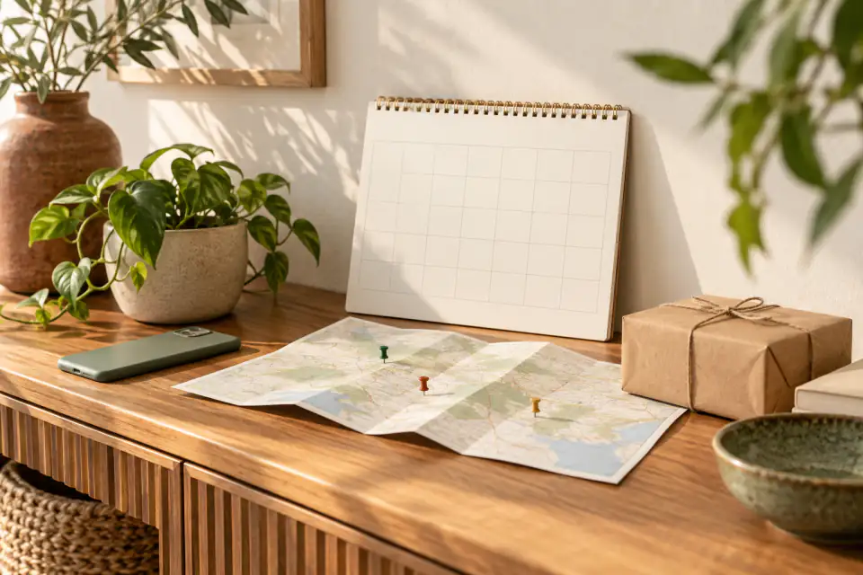 Editorial calendar, location pin, and waitlist card arranged on a warm neutral desk