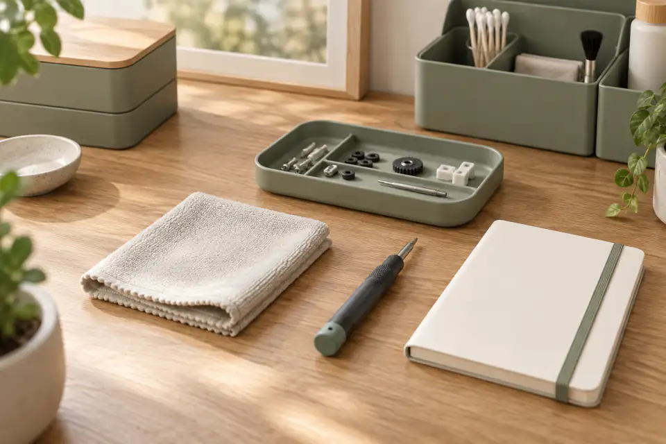Editorial maintenance log with update calendar, support card, cleaning cloth, and labeled parts tray