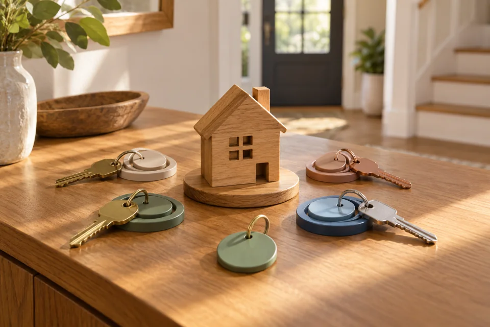 AI-generated editorial scene of a wooden house surrounded by metal keys and plain colored key tags on a table.