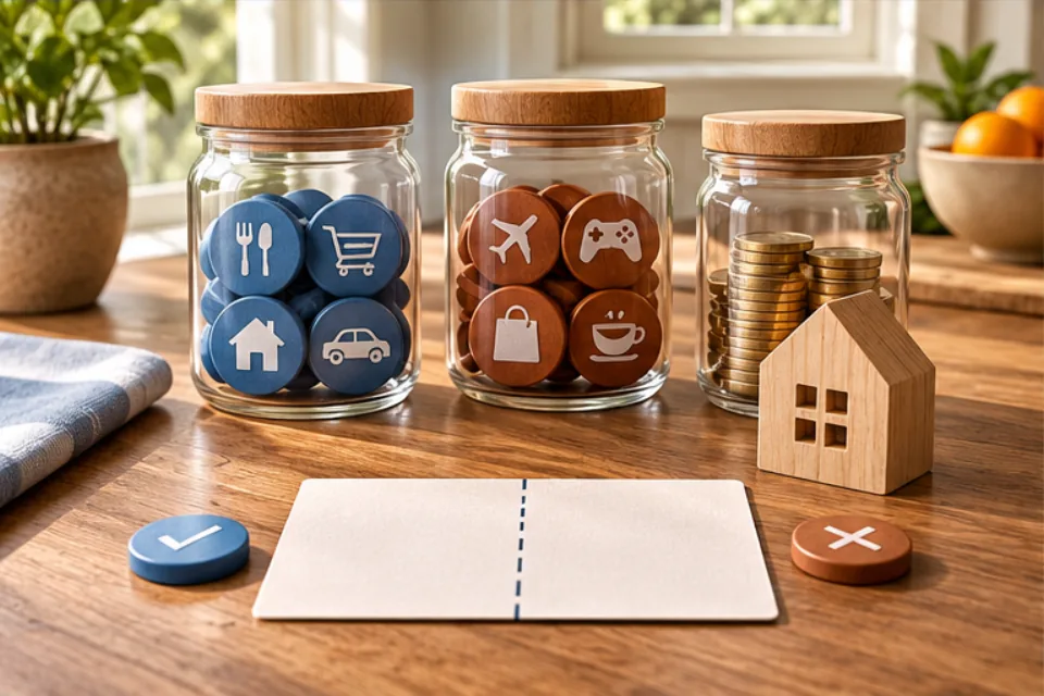 Three household budget jars with category tokens, coin stacks, a house block, and blank decision cards