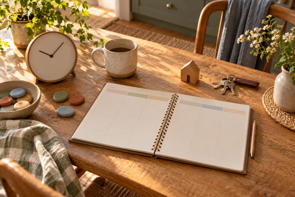 AI-generated editorial scene with a blank weekly planner, plain clock, colored tokens, miniature house, keys, and coffee on a table.