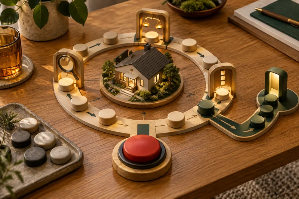 AI-generated editorial scene of a model house inside a circular path with tokens, arches, a branching path, and a large red button.