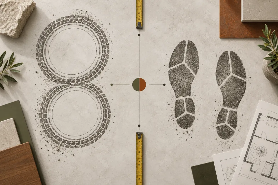 Top-down study comparing two circular wheel tracks with a pair of boot-print steps, surrounded by rulers and floor-plan notes