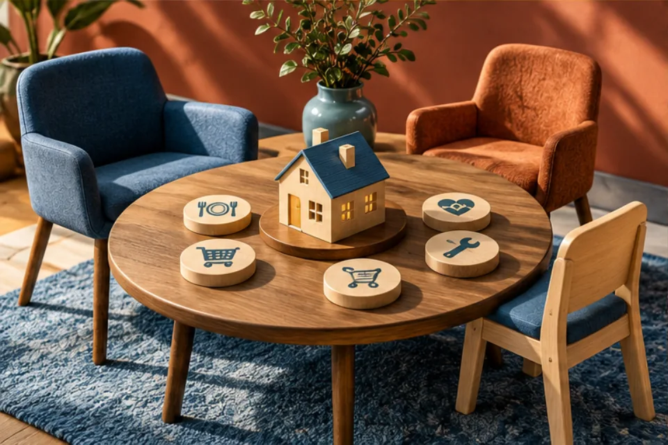 Four differently sized chairs around a table with a house model and shared household task tokens