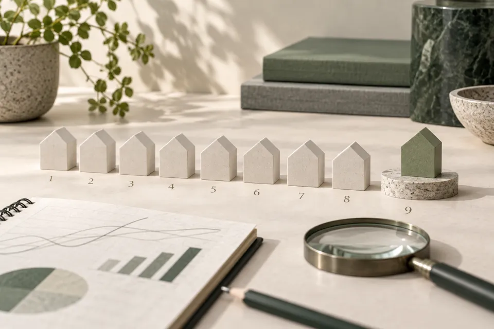 Row of small house-shaped markers beside a report, bar chart, pen, and magnifying glass, with one marker near the end colored green
