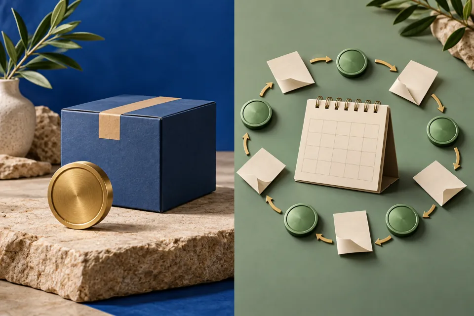 Split editorial scene with a single package and brass token on one side and a calendar surrounded by repeating payment tokens on the other