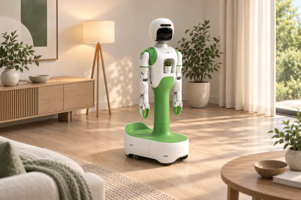 Concept illustration of KOKO in a sunlit living room, showing its full white mobile chassis and green rear platform
