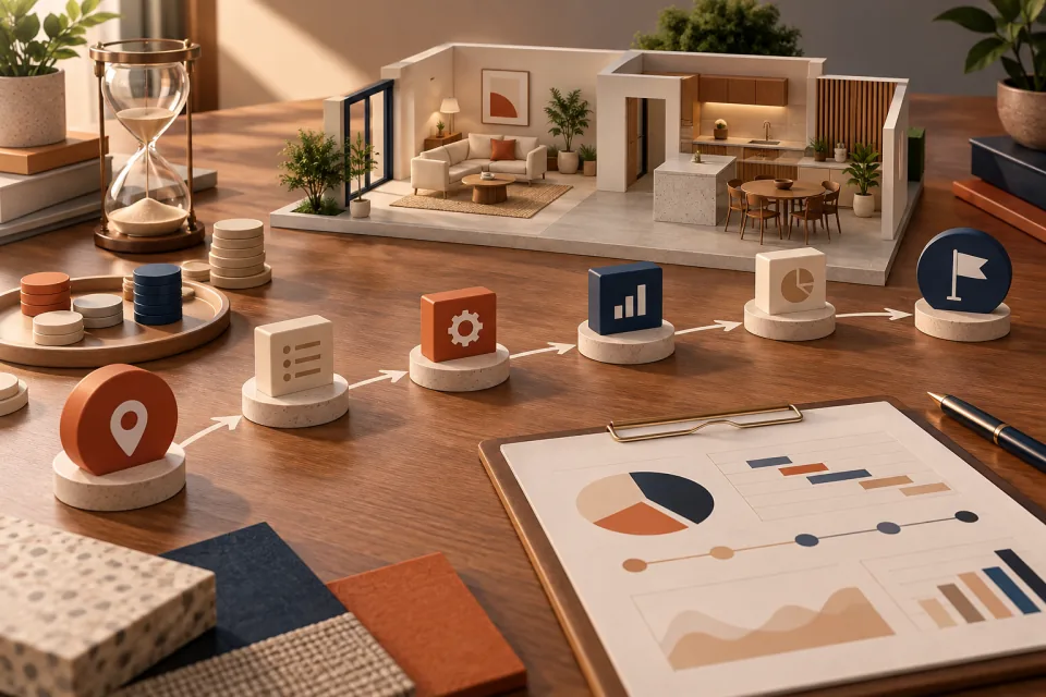 Miniature furnished home beside an hourglass, budget tokens, milestone markers, and a blank planning chart