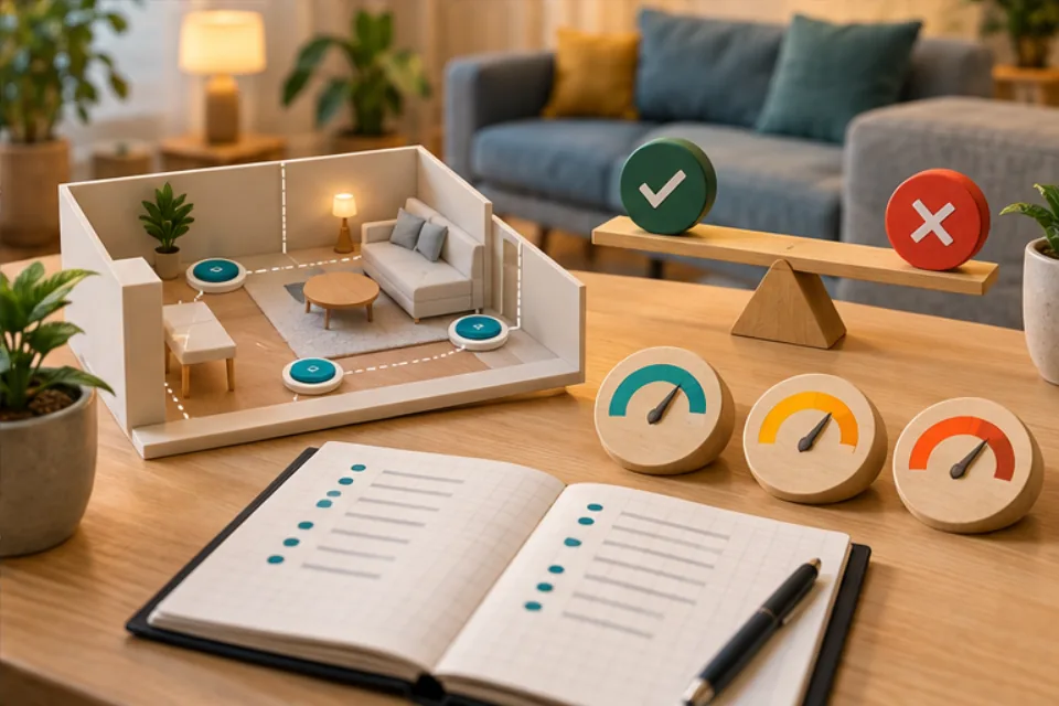 Miniature home test space with route markers, three gauges, a checklist, and a go-or-stop balance