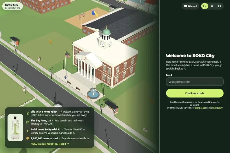 A screenshot of KOKO City showing a town hall, streets, and a welcome panel with an email sign-in form.