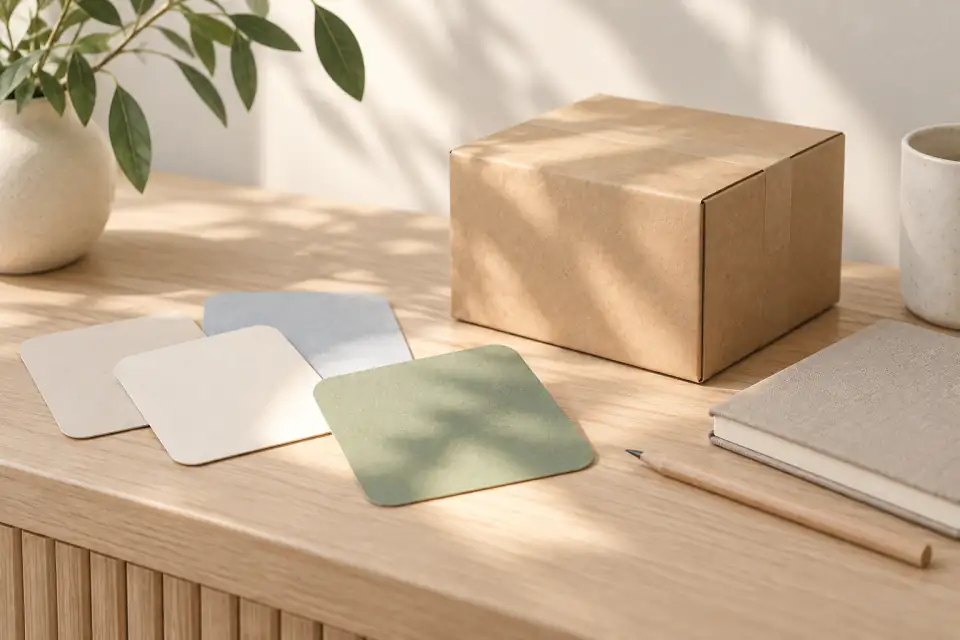Editorial still life with a parcel, blank comparison cards, notebook, and pencil