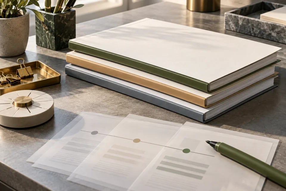 AI-generated editorial scene of three stacked folders and translucent document sheets linked by colored dots, beside a pen and plain dial.
