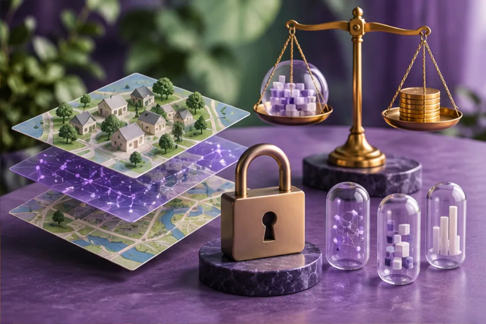 Layered neighborhood maps beside a lock, data capsules, and a balance scale with purple and gold tokens
