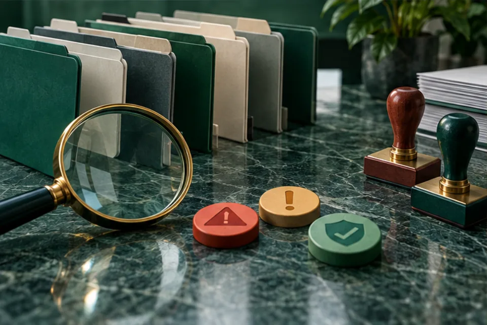 Review folders with a magnifying glass, risk tokens, and approval stamps arranged as a procurement workflow