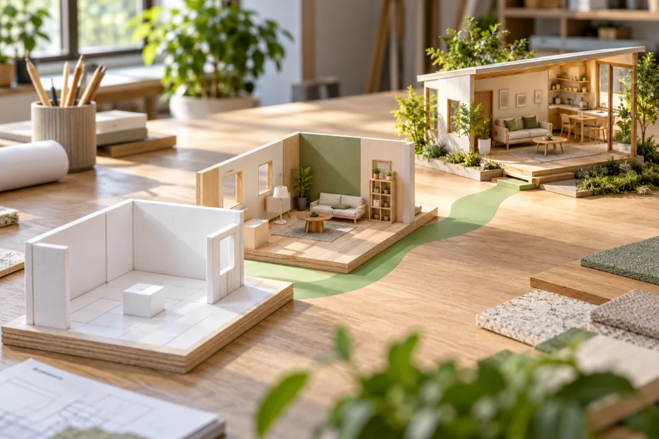 AI-generated editorial scene of three miniature home models, from an empty room to a furnished house, connected by a green path.