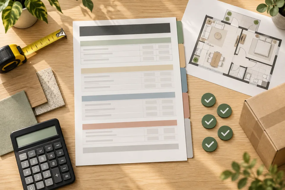 Top-down quote review with a blank cost sheet, home floor plan, measuring tape, calculator, check tokens, and delivery box