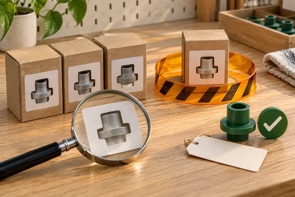 AI-generated editorial scene with component packages, one inside an amber caution ring, a magnifying glass, blank tag, and green check token.