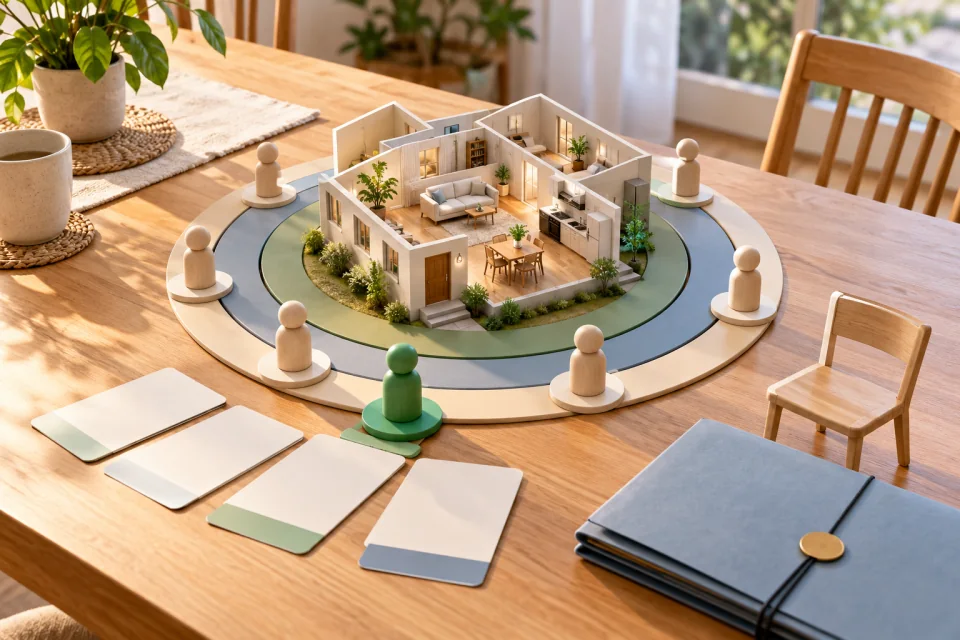 AI-generated editorial scene of a miniature home encircled by wooden person tokens, with blank cards, an empty chair, and a closed folder.