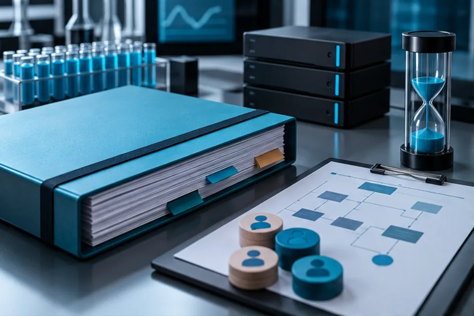 Laboratory planning scene with a protocol binder, participant tokens, data storage blocks, sample tubes, and an hourglass