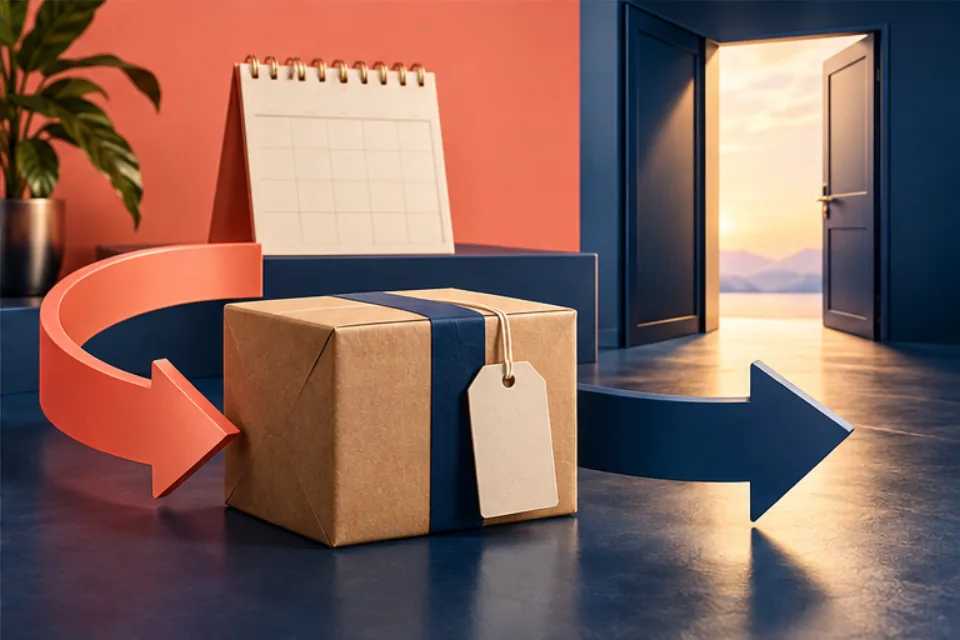 Sealed package between return arrows, a blank calendar, and an open doorway representing a planned exit
