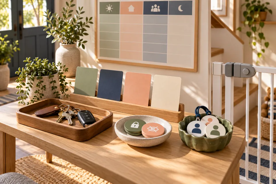 Bright entryway with a safety gate, wall chart, key tray, colored sample cards, and green and red reminder tokens