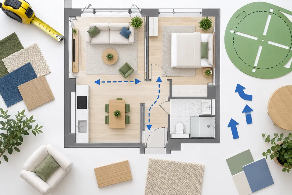 Top-down apartment floor plan with a blue dotted route, directional arrows, measuring tape, and material swatches
