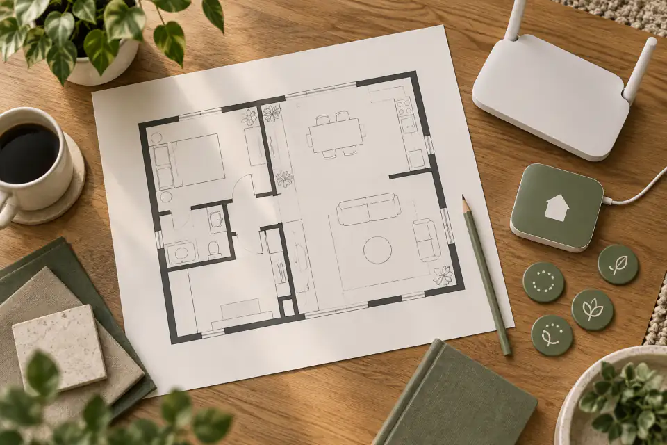 Editorial home setup board with a floor plan, Wi-Fi symbol, charging location, and household rule cards