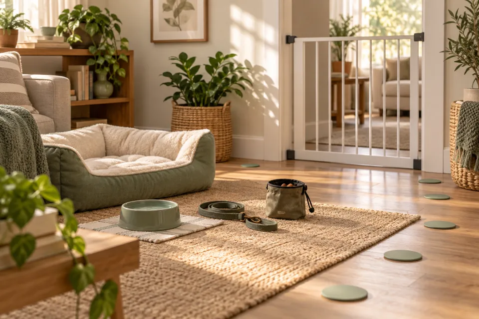 Sunlit living room with a safety gate, pet bowls, floor markers, a treat pouch, and a small camera