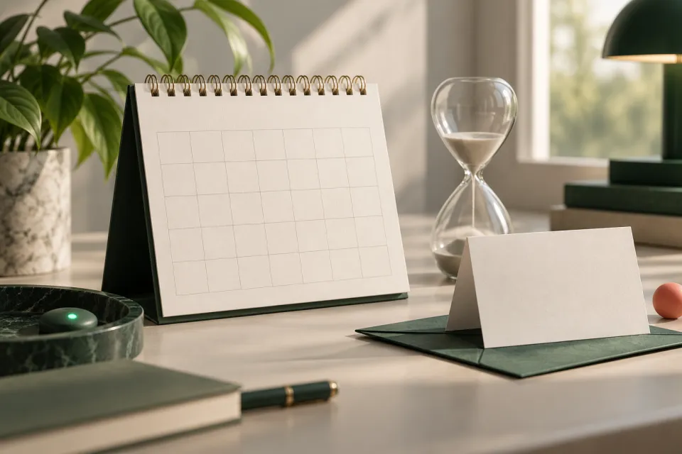Blank spiral calendar beside an hourglass, a folded blank card, books, and a small bowl on a sunlit desk