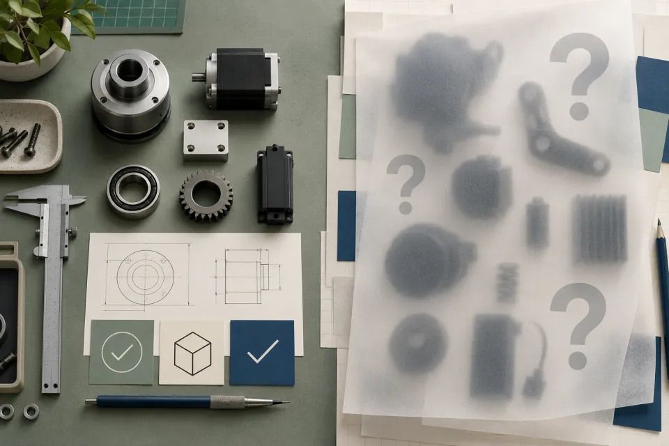 Workbench split between sharp component photos and measurements on the left and blurred component shapes with question marks on the right