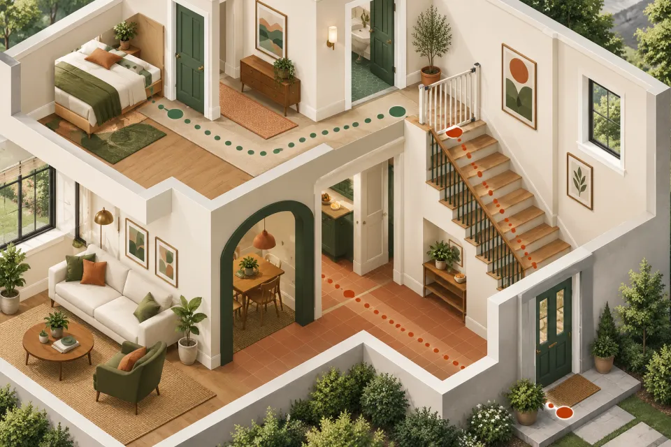 Isometric cutaway of a two-level home with dotted routes on both floors and red markers near the stairs