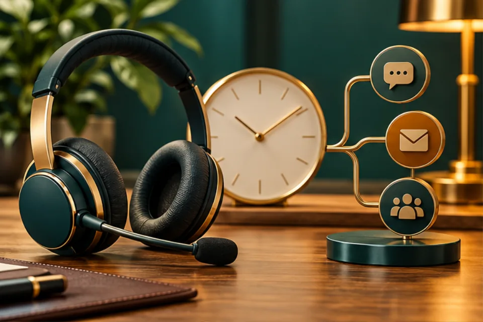 Support headset beside a clock and branching communication, email, and team-response symbols on a warm desk
