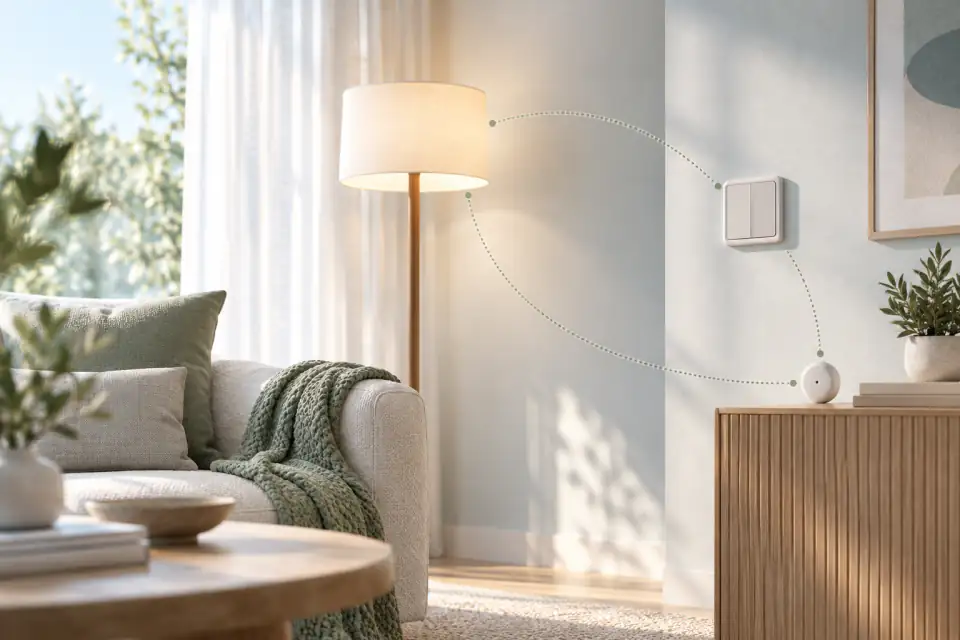 Editorial smart-home scene with a lamp, wall control, and environmental sensor connected by subtle dotted paths