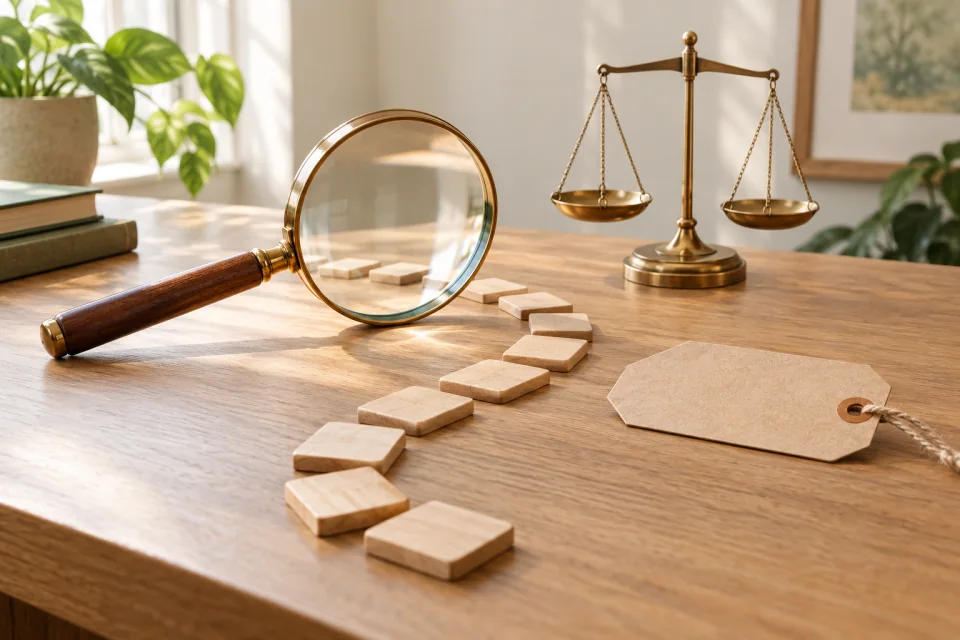 AI-generated editorial search scene with a glass magnifying lens, a curved trail of blank wooden tiles, an unmarked price tag, and a small balance.