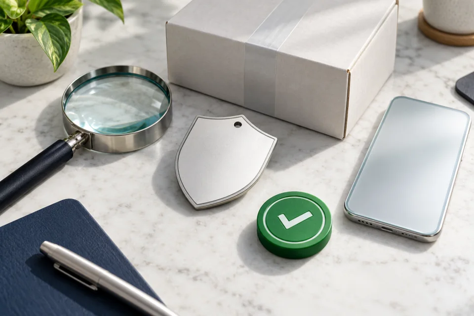 AI-generated editorial scene with a blank shield-shaped tag, plain package, blank smartphone, magnifying glass, and green check token.