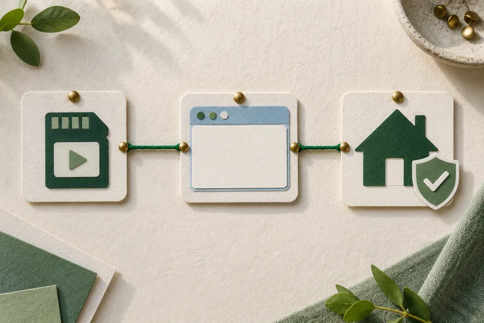 Three connected cards showing a media file, a browser window, and a house with a shield checkmark