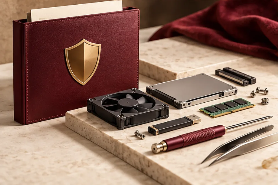 Burgundy shield folder beside generic electronic modules, spare parts, and precision repair tools