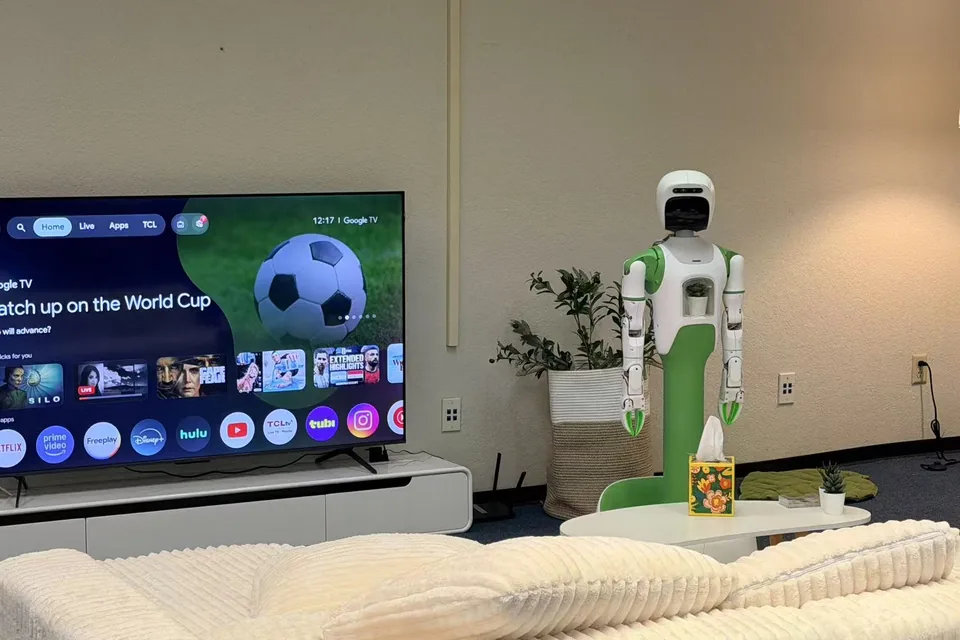 KOKO stands beside a sofa in a living room with a television, a plant, and a side table during in-home testing.