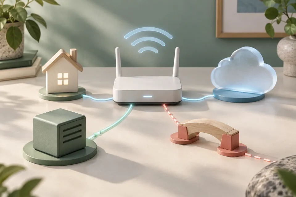 Stylized home network still life with a house, Wi-Fi router, cloud, local device, and a red broken connection