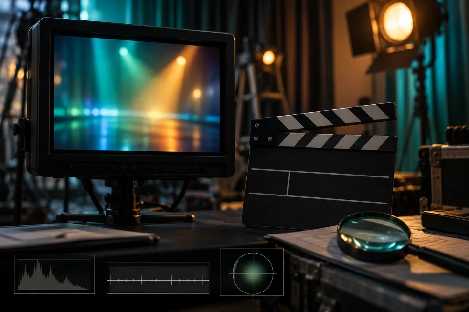 Media-production desk with a monitor of abstract stage lights, clapperboard, lenses, and video-analysis displays