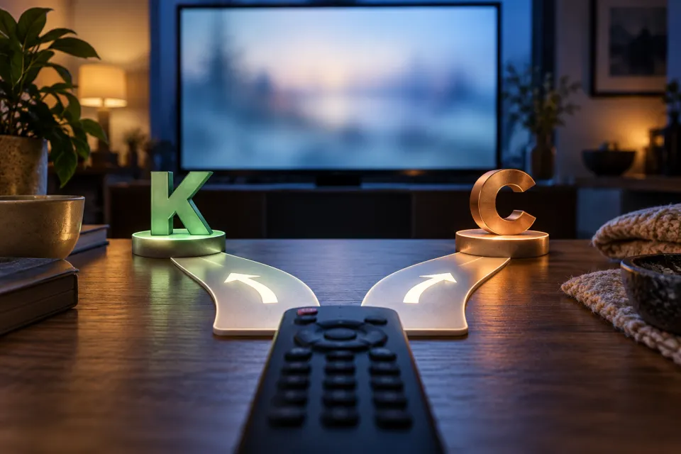 Dim living room with a blurred television, illuminated K and C markers, two curving paths, and a remote in the foreground