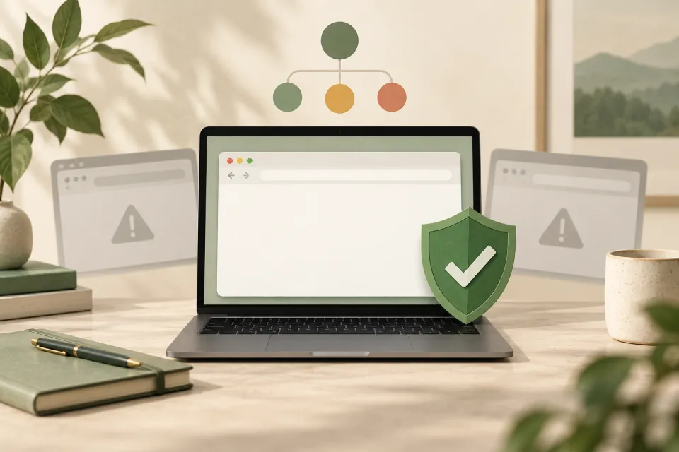 Laptop with a green shield checkmark between two warning screens, with a simple network diagram above