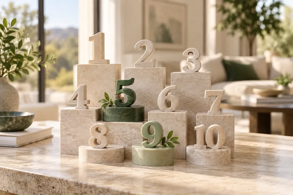 Sunlit living-room table with sculptural number blocks from one to ten, with the number five highlighted in green