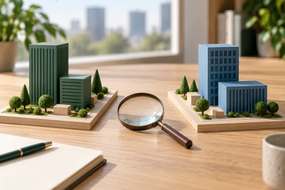 Two separate miniature city models in green and blue with a magnifying glass placed between them on a tabletop