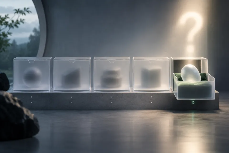 Dark display with five translucent numbered compartments, a glowing sphere in the fifth compartment, and a large question mark overhead