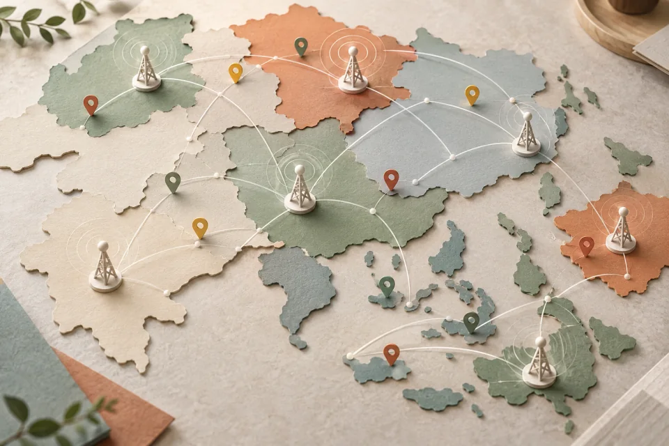 AI-generated paper map with unbranded signal beacons, colored location pins, and translucent route lines linking several regions.