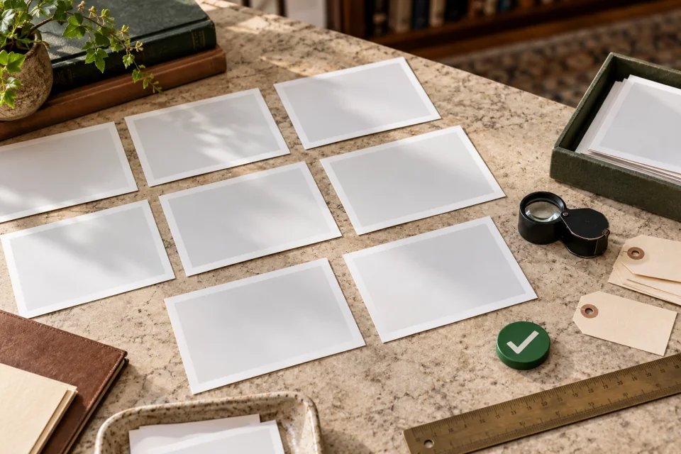 AI-generated editorial verification desk with a grid of blank photo prints, a jeweler's loupe, plain metadata tags, a ruler, and a green check token.