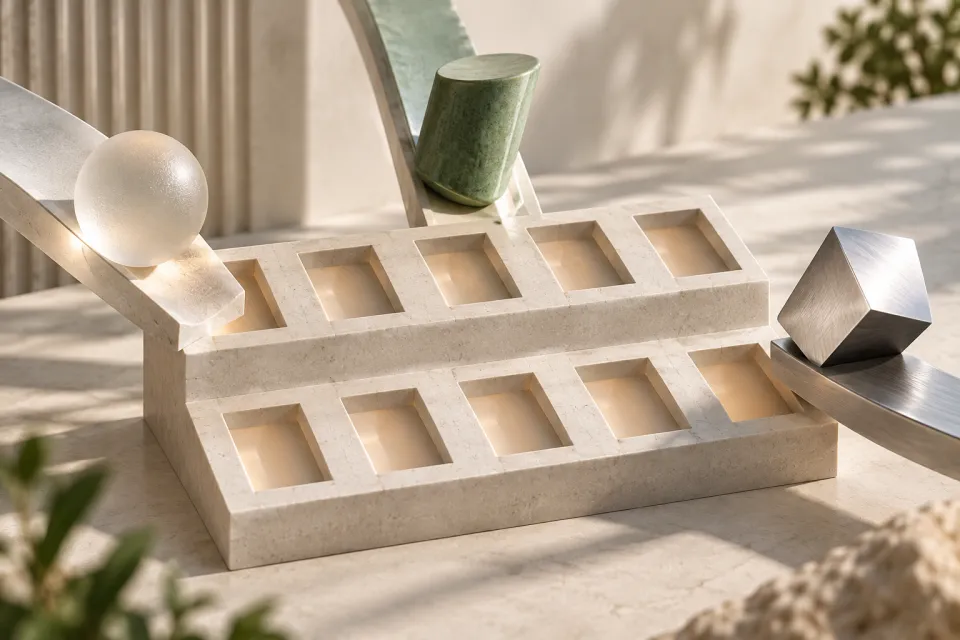 Abstract white balance with ten recessed squares and geometric objects arranged across its two arms