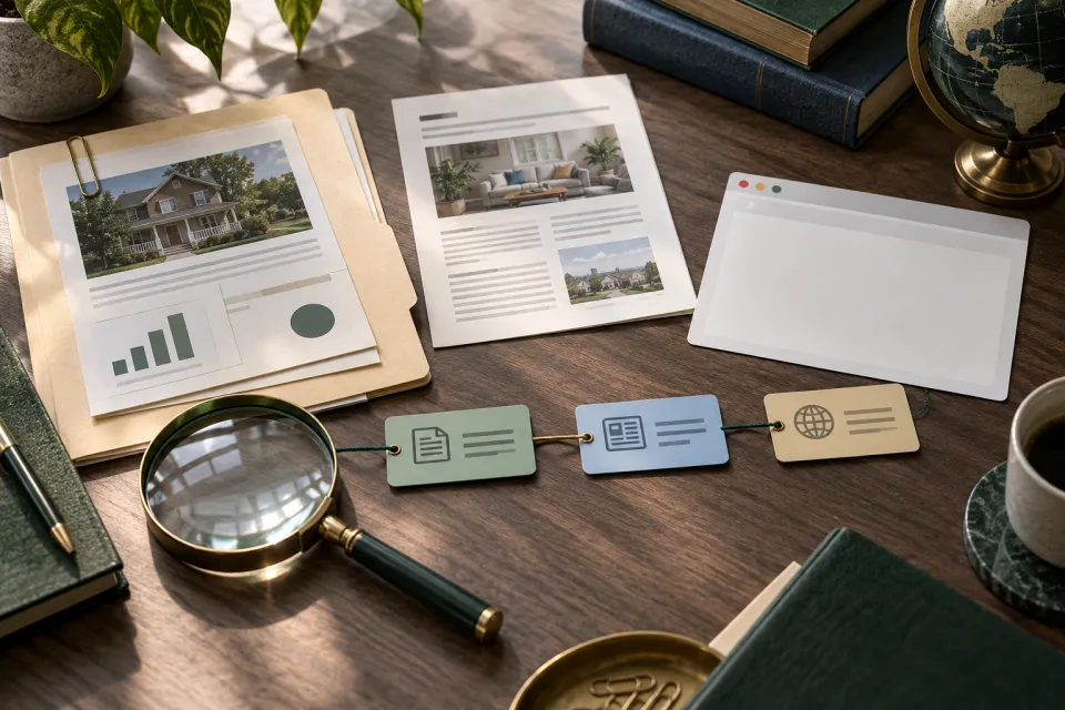 Research desk with printed pages, a blank browser mockup, colored source cards, pens, and a magnifying glass