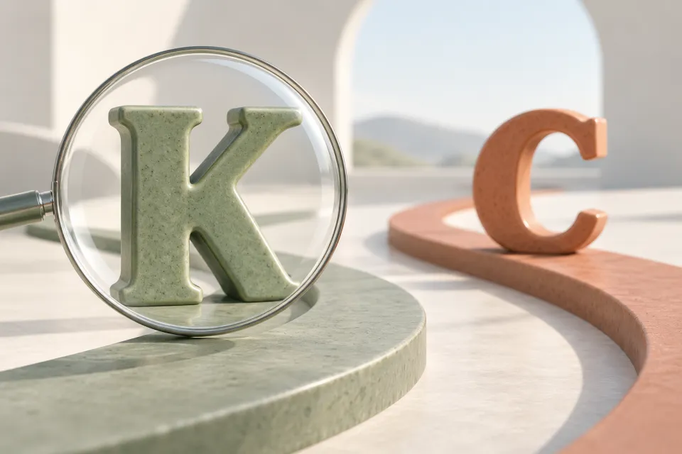 Large green letter K viewed through a magnifying lens beside an orange letter C on a curved tabletop